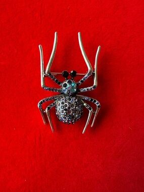 American Vintage Multicolor Crystal Spider Brooch on Silver Tone